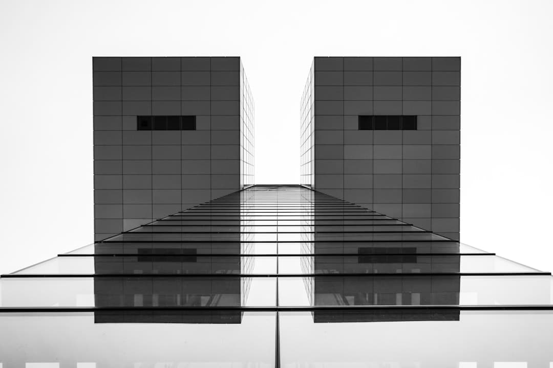 Deux immeubles modernes en miroir noir et blanc, métaphore du choix entre un site web et une application web
